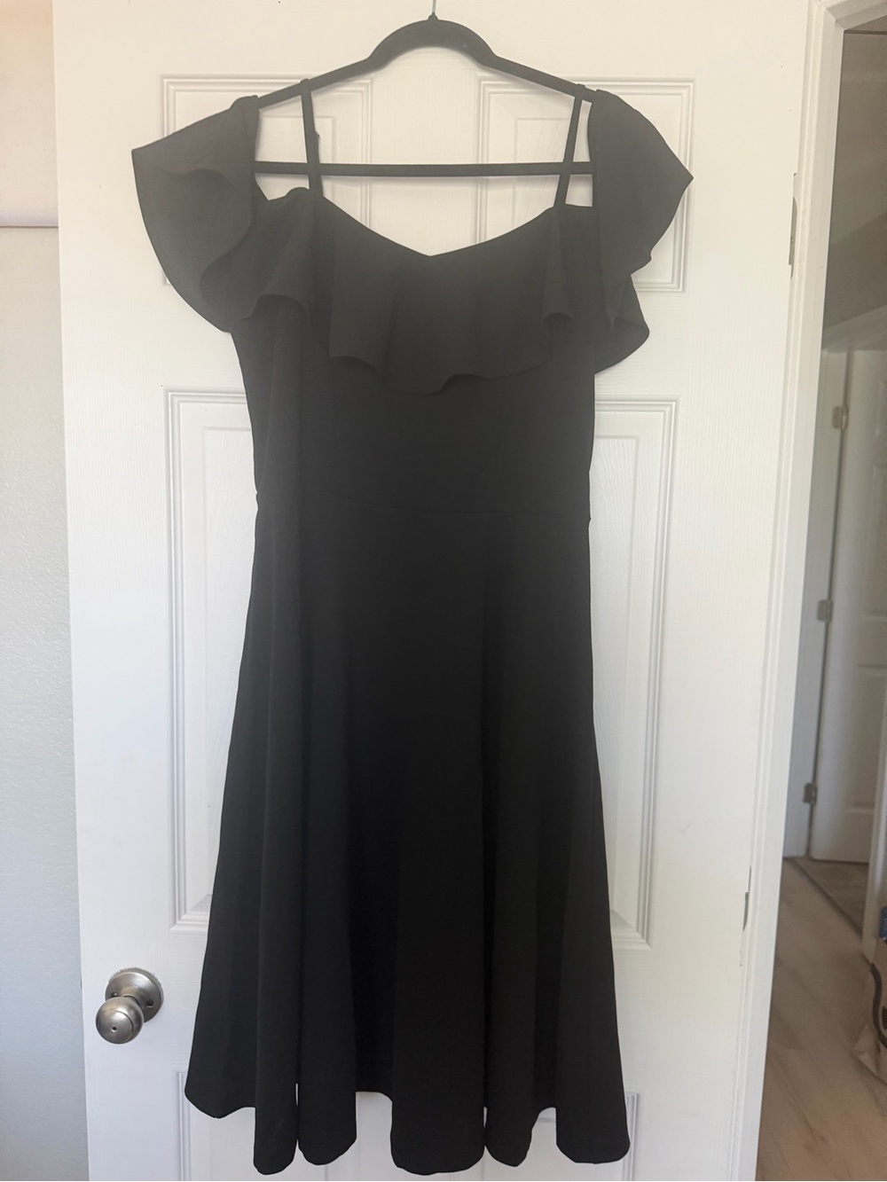 Off-Shoulder Black Midi Dress with Ruffle Neckline